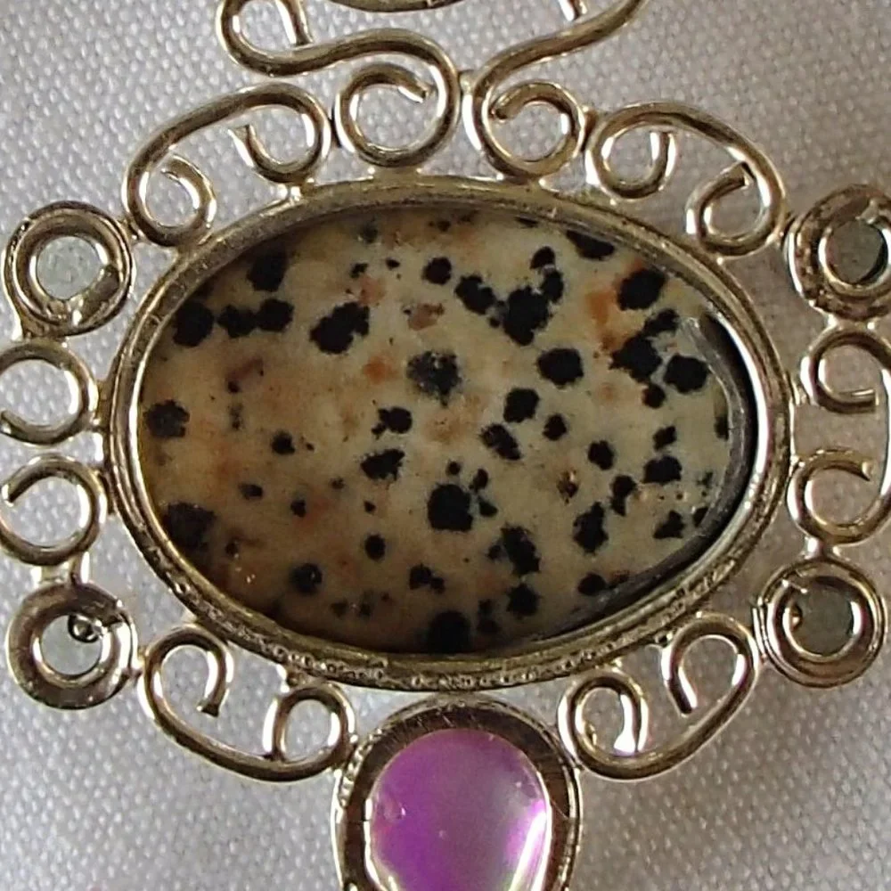 Dalmation Jasper Rainbow Topaz Green Amethyst .925 Scrollwork Pendant Only - Picture 8 of 10